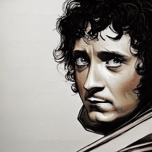 Image similar to frodo baggins as iron man, detailed face portrait, symetry!!