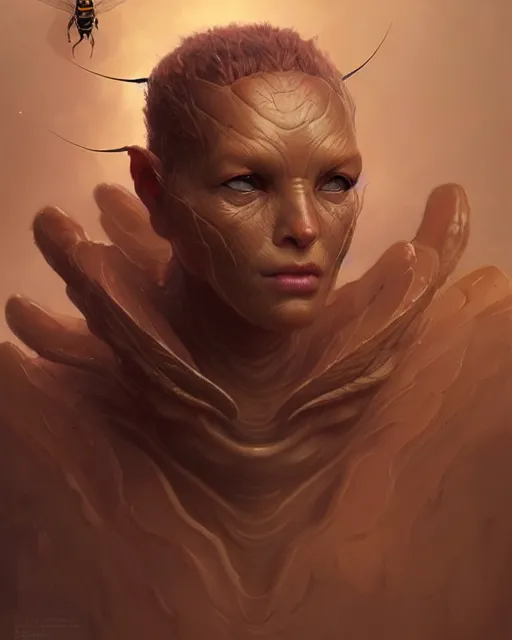 Prompt: professional ominous concept art character portrait of a wasp - human chimera by artgerm and greg rutkowski. an intricate, elegant, highly detailed digital painting, concept art, smooth, sharp focus, illustration, in the style of simon stalenhag, wayne barlowe, and igor kieryluk.