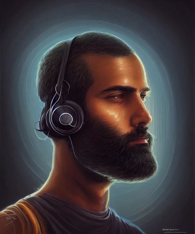 Image similar to Portrait of a male DJ, western european origin, side or front profile, sci-fi, dark eyes, face, shaved head, beard, Headphones, fantasy, LSD Dream Emulator, intricate, rugged, backlit, highly detailed, digital painting, artstation, concept art, smooth, sharp focus, illustration, art by artgerm and greg rutkowski and alphonse mucha