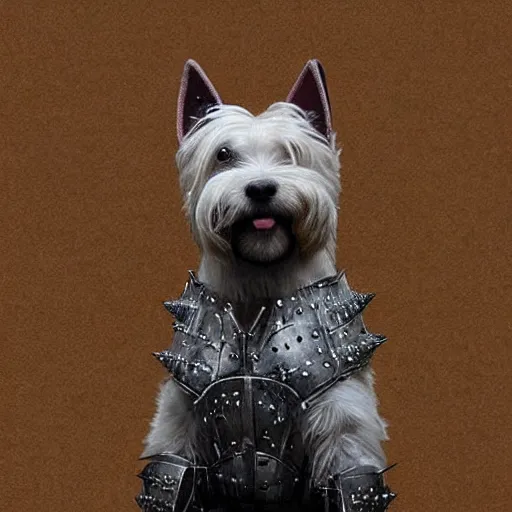 Prompt: “ west highland terrier clad in iron armor with spikes, with a gun glued to his head. ”