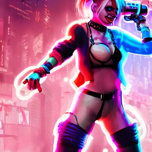 Prompt: Harley Quinn in a cyberpunk street, concept art, digital art, well detailed, trending on artstation, with neon colors, 8k