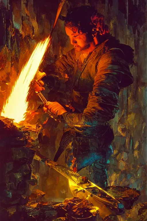 Prompt: a swordsmith forging a weapon in a dim lit cave by john berkey and franklin booth, colorful, fire sparks oil on canvas, spatula technique, hyper detailed 4 k