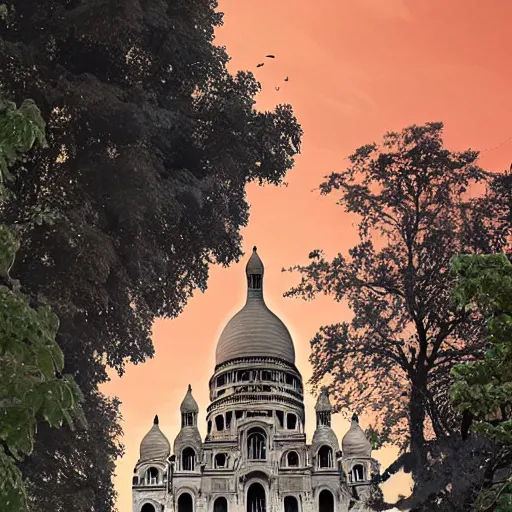 Image similar to abandoned Basilica of Sacré Coeur de Montmartre, toxic orange and pink clouds strain the sunlight, stark contrasting lighting, contrejour, a two-headed mutated deer-like creature looks on in the distance from the sparse twisted silhouetted foliage, a highly detailed colorful matte painting by Scott Listfield and Mikko Lagerstedt, featured on Artstation, Unreal Render, 8k HDR, fisheye