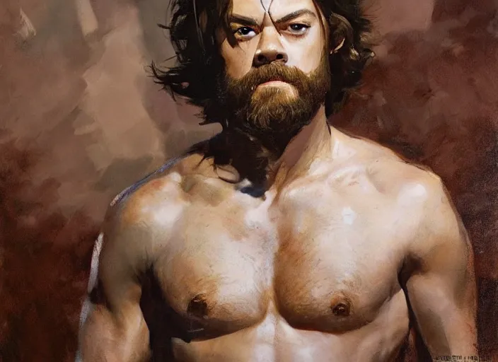 Image similar to a highly detailed beautiful portrait of harry styles as kratos, by gregory manchess, james gurney, james jean