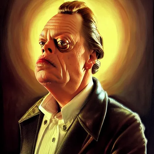 Image similar to dramatic upper body portrait of steve buscemi as baron harkonnen by norman rockwell and boris vallejo, artstation, concept creature character art, Dune 2021