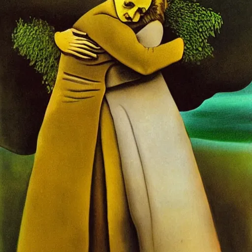 Image similar to Marie Curie hugging a tree by Salvador Dalí