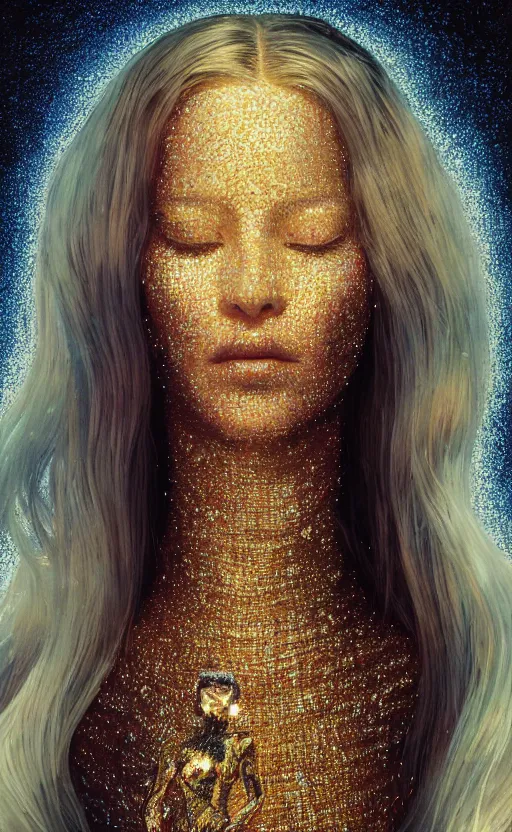 Image similar to extremely detailed cinematic movie still 3 0 7 7 portrait shot of a supermodel 2 5 years old white woman hyperreal skin face thin golden strings in art - nouveau shapes with tiny crystals all around by denis villeneuve, wayne barlowe, simon birch, marc simonetti, philippe druillet, bright volumetric sunlight from remote star, rich moody colors, closeup, bokeh