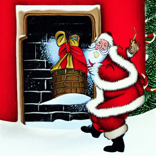 Image similar to Santa Claus squeezing into a chimney while being chased by Krampus