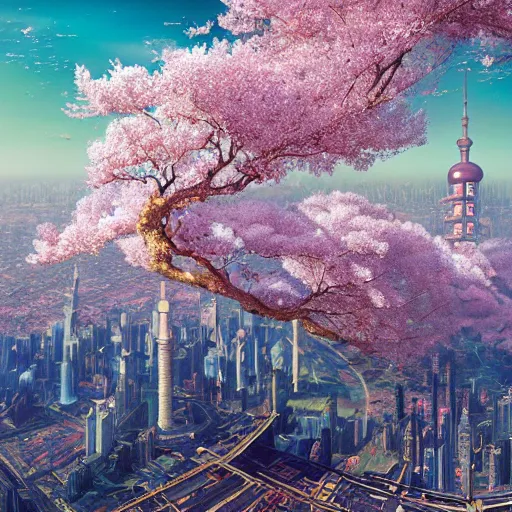 Prompt: 3 d, hyperrealism art glamorous sci - fi poster, a panoramic view of shanghai full of sakura, beautiful whimsical botanical illustration, by android jones and greg rutkowski, digital matte painting, ghibli style, golden ratio
