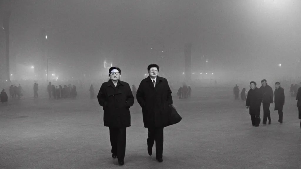 Prompt: foggy city lights, kim jong - il walking in 1 9 6 0 s pyongyang, film noir thriller in the style of orson welles and andrei tarkovski