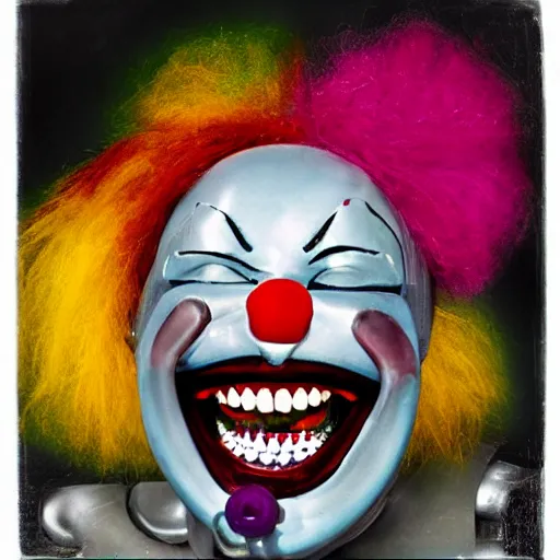 Prompt: robot clown laughing, portrait