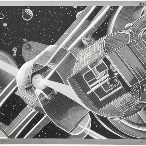 Image similar to MC Escher print of space station