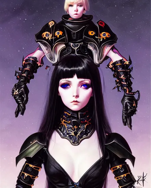 Image similar to portrait of beautiful cute goth girl in warhammer armor, art by kuvshinov ilya and wayne barlowe and gustav klimt and artgerm