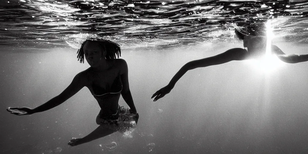 Prompt: black female model in deep trench , swimming toward small boat on the surface of the water, sun rays and caustics, film , cinematic, black and white underwater photography