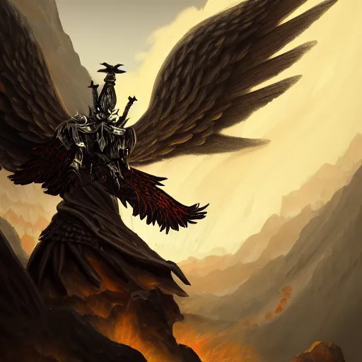 Image similar to painting of a fallen angel paladin with big burnt wings reaching the summit of a haunted mountain, sharp focus, award - winning, trending on artstation, masterpiece, highly detailed, intricate. art by johannes voss