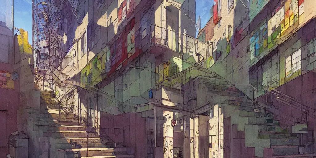 Image similar to neo brutralism, concrete housing, a long stairway going up, concept art, colorful, vivid colors, sunshine, light, shadows, reflections, oilpainting, cinematic, 3D, in the style of Akihiko Yoshida and Edward Hopper