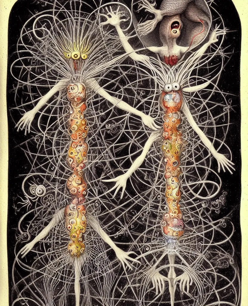 Image similar to whimsical freaky creature sings a unique canto about'as above so below'being ignited by the spirit of haeckel and robert fludd, breakthrough is iminent, glory be to the magic within, painted by ronny khalil