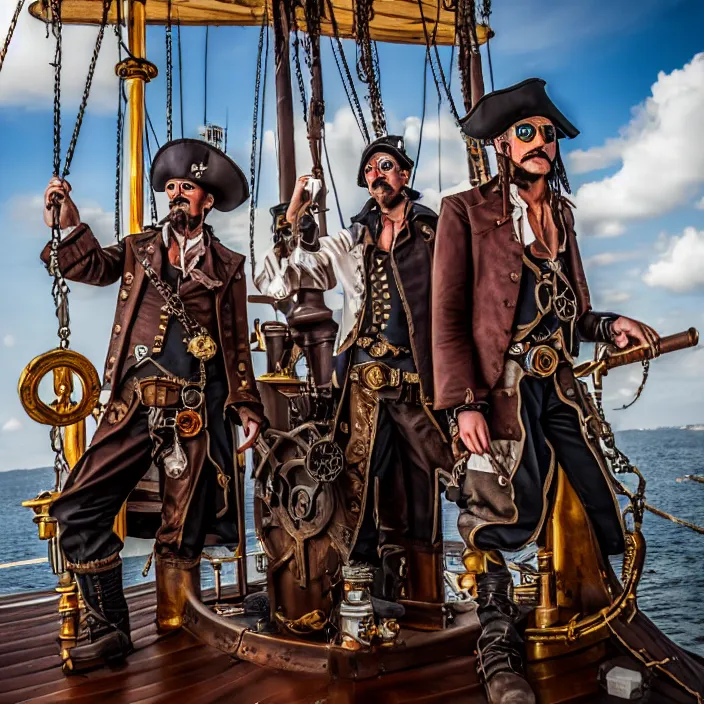 Image similar to full body photograph of steampunk pirates on their ship. Extremely detailed. 8k