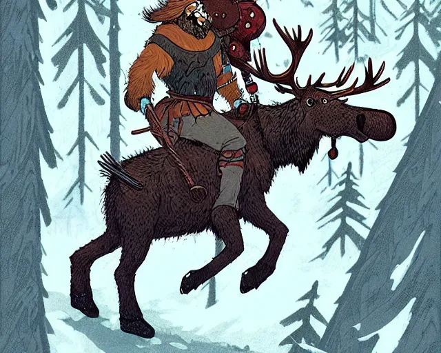 Image similar to cell shaded cartoon of a hairy chebo viking riding a moose, snowy forest, subtle colors, post grunge, concept art by josan gonzales and wlop, by james jean, victo ngai, david rubin, mike mignola, deviantart, art by artgem