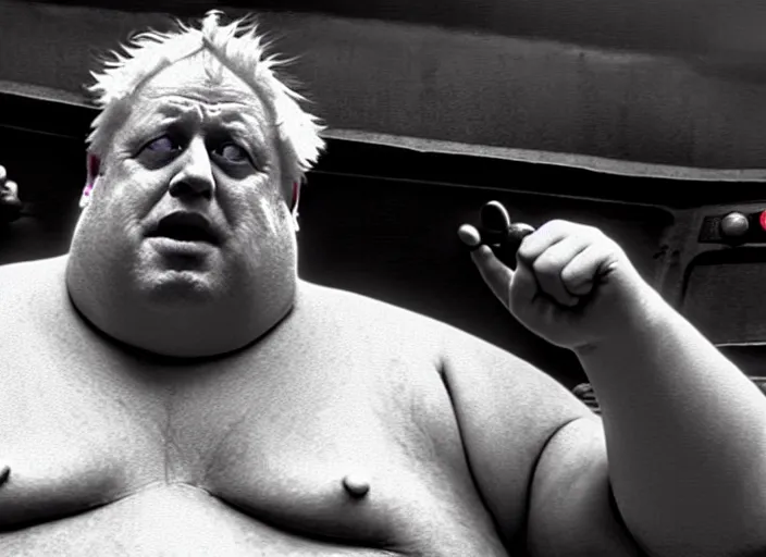 Image similar to boris johnson as baron harkonnen in a black oil bath in a still from the film Dune (2021)