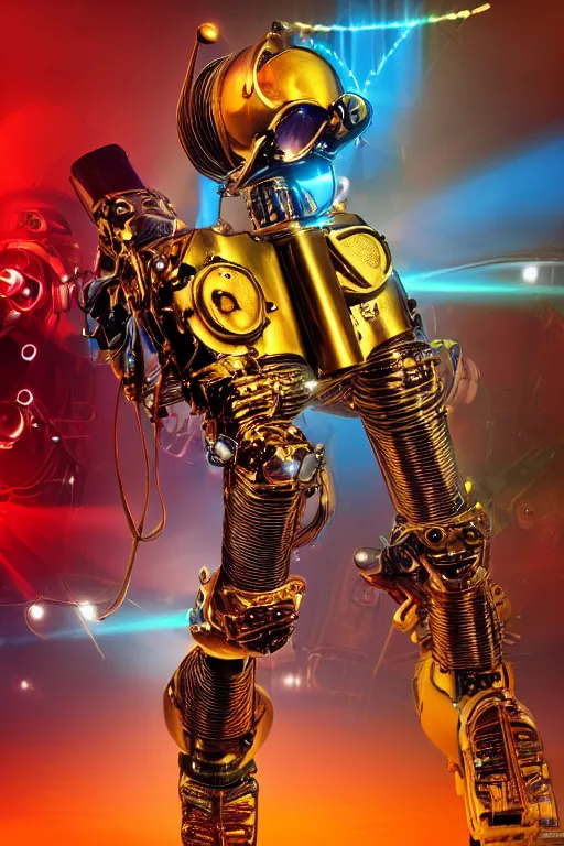 Prompt: portrait photo of a giant huge golden and blue metal humanoid female steampunk robot singer with headphones and microphone and gears and tubes, in the foreground is a big red glowing microphone on a tripod, eyes are glowing red lightbulbs, shiny crisp finish, 3 d render, 8 k, insaneley detailed, fluorescent colors, background is multicolored lasershow