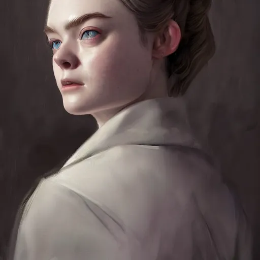 Image similar to ultra realistic medium shot head and shoulders masterpiece portrait painting of elle fanning in dishonored, cosmic horror, artstation, art by frank frazetta, 4 k, ultra realistic, highly detailed, epic lighting