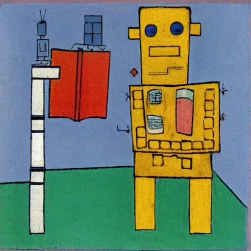 Image similar to a robot reading a book by paul klee