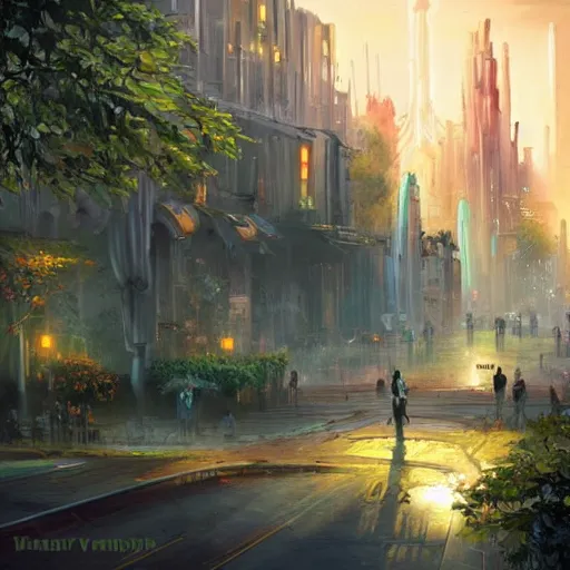 Image similar to Beautiful happy picturesque charming sci-fi city in harmony with nature. Beautiful light. Nice colour scheme, soft warm colour. Beautiful detailed artistic digital painting by Vincent. (2022)