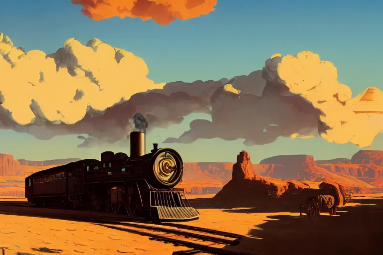 Image similar to idyllic old western train station illustration by syd mead, artstation, 4 k, graphic novel, concept art, matte painting, steam engine spewing billowy clouds of steam, beautiful mountain desert sunset background, golden hour