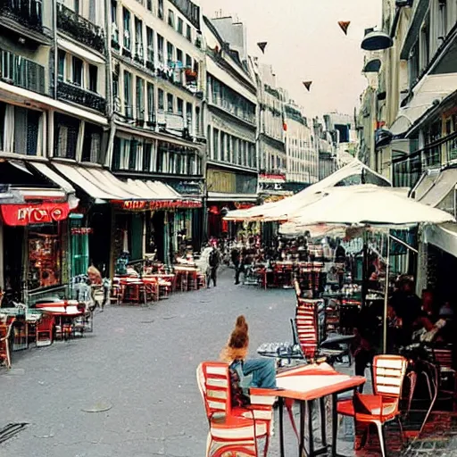 Prompt: une rue de paris vide avec des voitures garees, un restaurant avec une terrasse, des boutiques avec des neons, en debut de matinee ( ( ( en 2 0 0 0 ) ) )