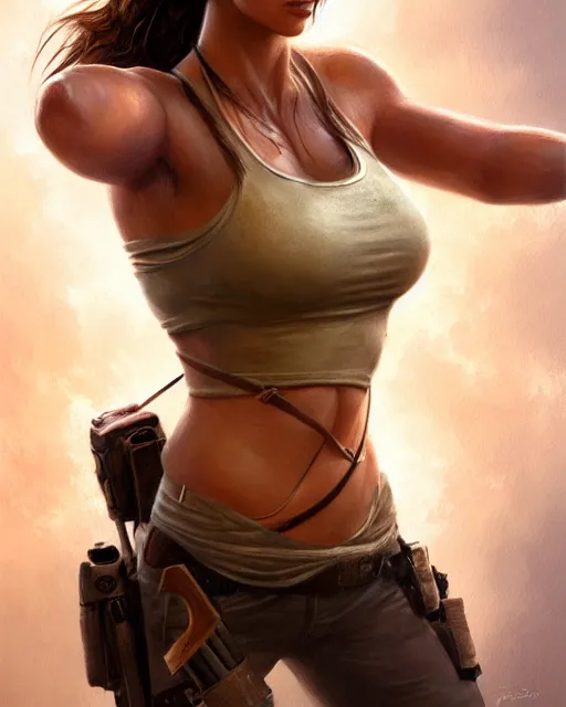 Prompt: lara croft, perfect face, beige halter top, abs, cinematic, stunning, athletic, strong, agile, highly detailed, psychedelic, digital painting, artstation, smooth, hard focus, illustration, art by jessica rossier and and brian froud