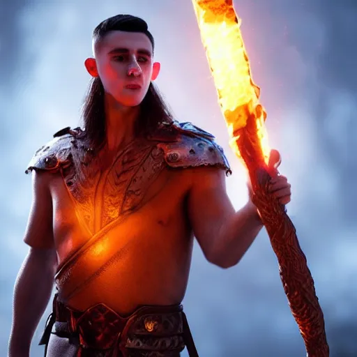Prompt: Phil Foden wearing a leather barbarian tunic holding a glowing fire magical staff. Trending on Artstation, octane render, ultra detailed, art by Ross tran