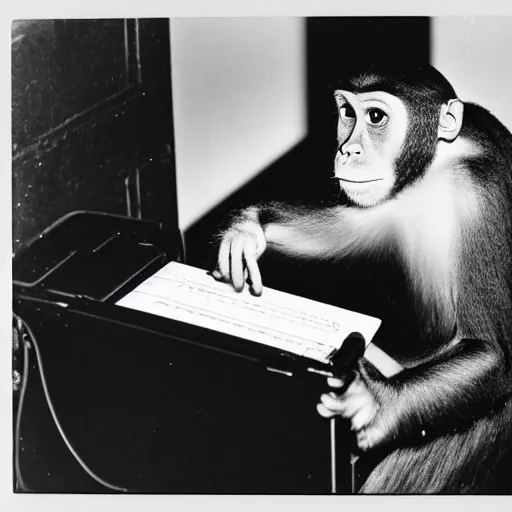 Prompt: an old school black and white photo of a monkey sitting in a chair typing on a typewriter