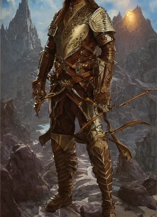 Image similar to full body portrait of a male half elf in fireproof leather armor wearing a utility belt and goggles, D&D, fantasy, intricate, cinematic lighting, highly detailed, digital painting, artstation, concept art, art by Terry Moore and Greg Rutkowski and Alphonse Mucha