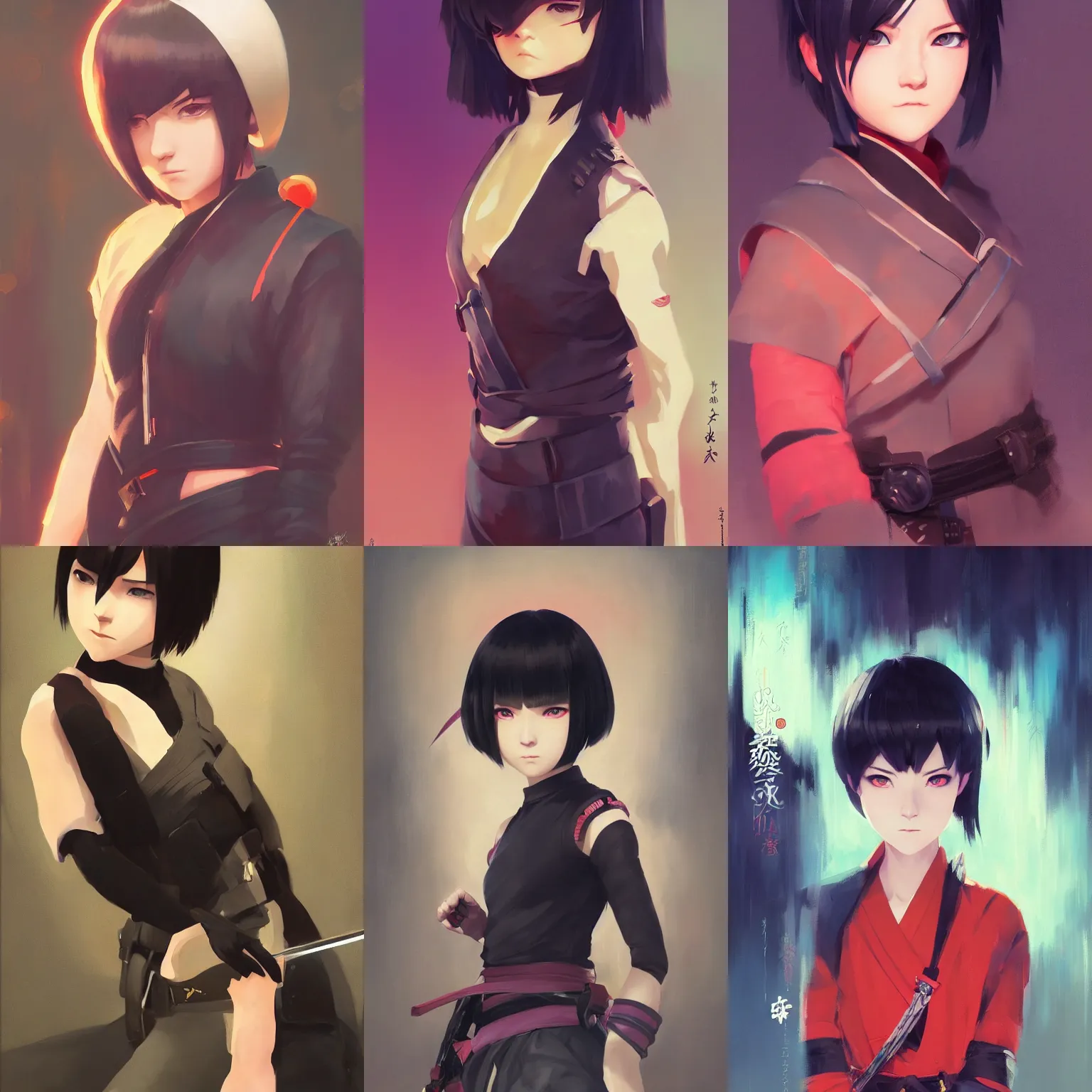 Prompt: a portrait of a cute young female ninja with black bob cut hair, samurai setting, vivid colors, soft lighting, atmospheric, cinematic, moody, in the style of Ilya Kuvshinov and Range Murata, Krenz Cushart, oil on canvas, 8k