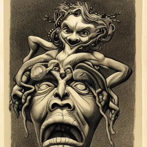 Prompt: goblin sitting on the shoulders of a blind - folded medusa, caricature, highly detailed