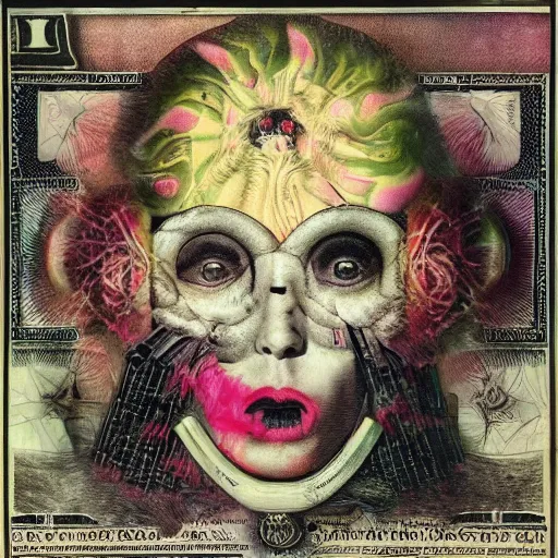 Image similar to post - punk new age album cover, asymmetrical design, mess, frame of a dollar bank notes, capitalism, magic, apocalypse, psychedelic, black white pink, magic, giger h. r., giuseppe arcimboldo