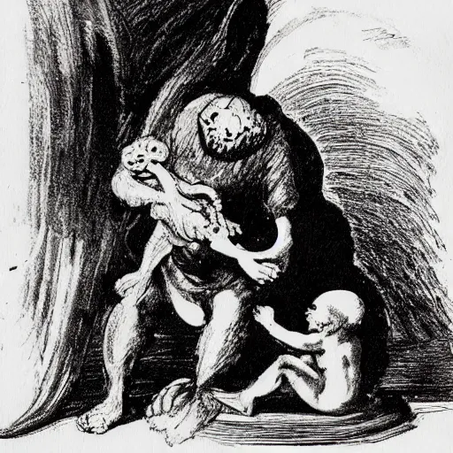 Prompt: elmo in the painting saturn devouring his son by goya, painting