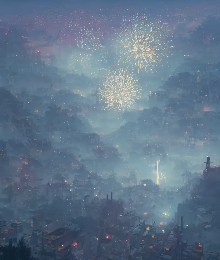 Image similar to sky of fireworks seen from high up in the sky at night by makoto shinkai, simon stalenhag, nier atutomata environment concept art, greg rutkowski and krenzcushart