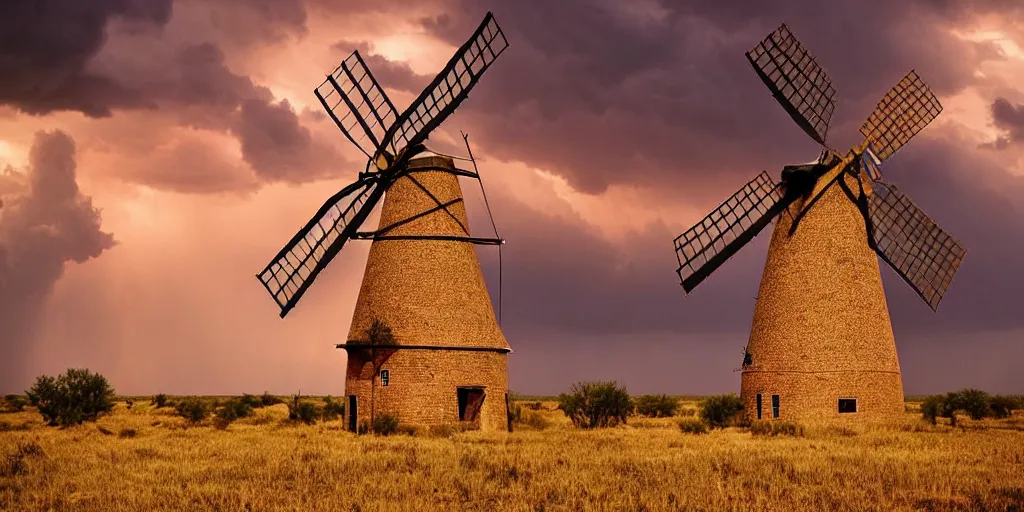 Image similar to photo of a stormy west texas sunset, perfect rustic windmill, film photo, lightning, golden hour, high quality, beautiful!!!