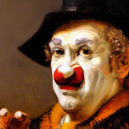 Prompt: detailing character concept portrait of clown by Rembrandt van Rijn, on simple background, oil painting, middle close up composition