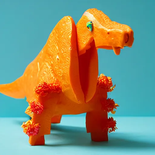 Prompt: a dinosaur made with tangerine segments