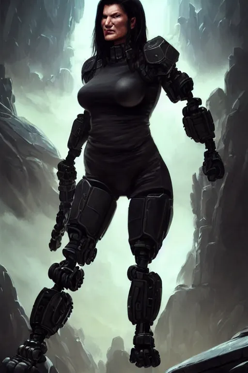 Image similar to gina carano as an ork with robotic left arm, casual black clothing, muscular, realistic proportions, casual pose, large portrait, sci - fi, shadowrun, rpg character, digital painting, artstation, concept art, smooth, 8 k frostbite 3 engine, ultra detailed, art by artgerm and greg rutkowski and magali villeneuve