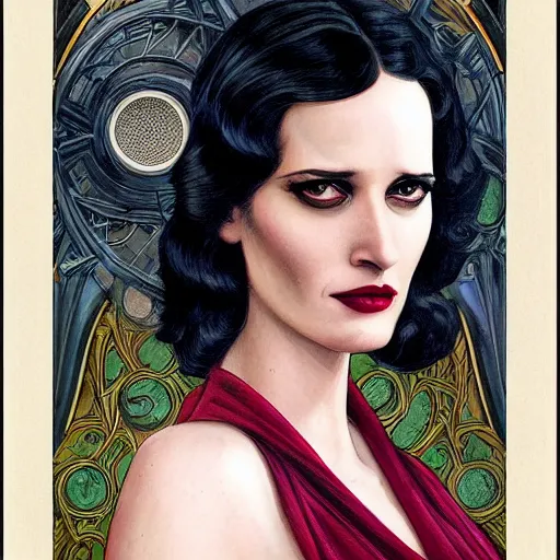 Image similar to a streamline moderne, art nouveau, multi - racial portrait of eva green in the style of charlie bowater, and in the style of donato giancola, and in the style of charles dulac. intelligent, expressive eyes. symmetry, ultrasharp focus, dramatic lighting, semirealism, intricate symmetrical ultrafine streamline moderne background detail.