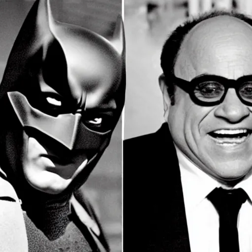 Image similar to Danny Devito as Batman, still image from Batman movie, shot of face