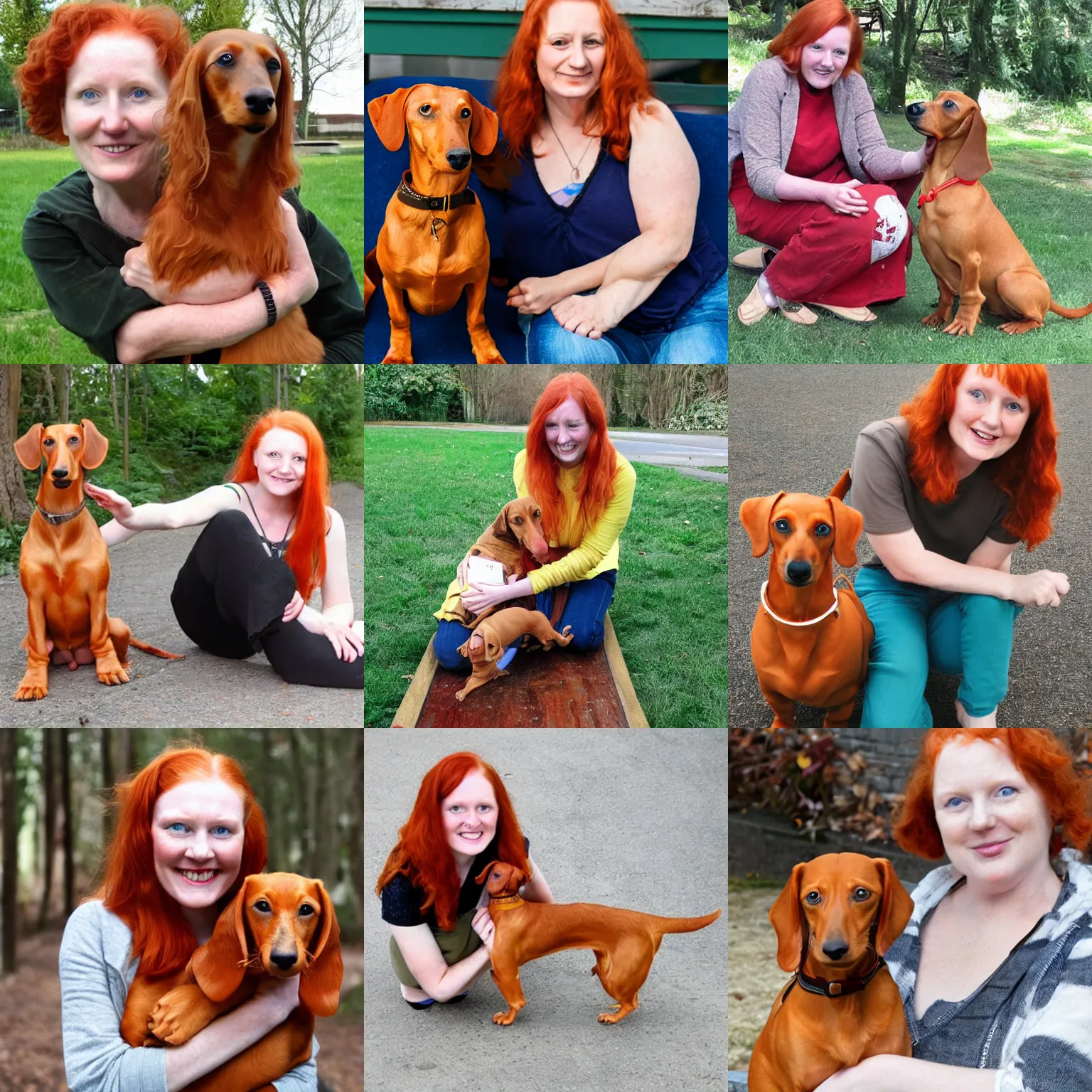 Prompt: a ginger woman and dachshund
