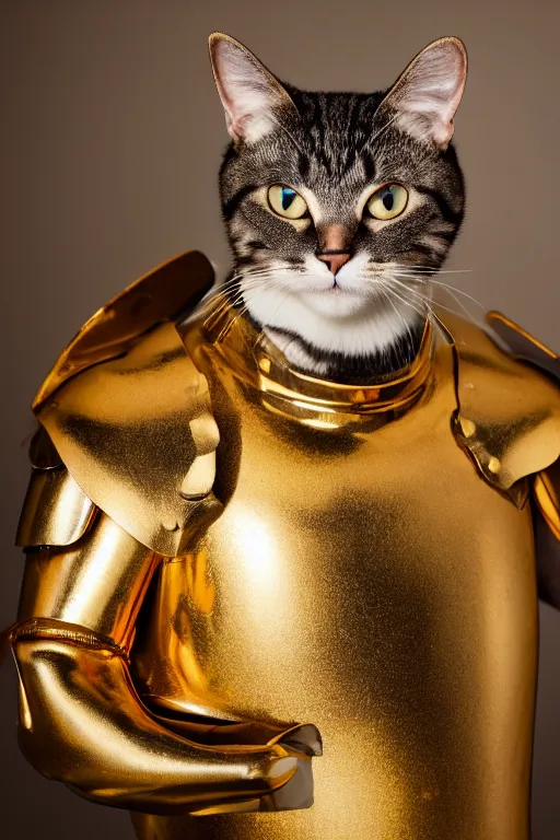Prompt: a cat wearing gold plated armor, studio lighting