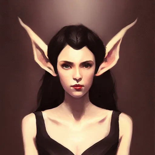 Image similar to portrait painting of female forest elf black hair, black dress, dramatic light, 8 k, by greg rutkowski