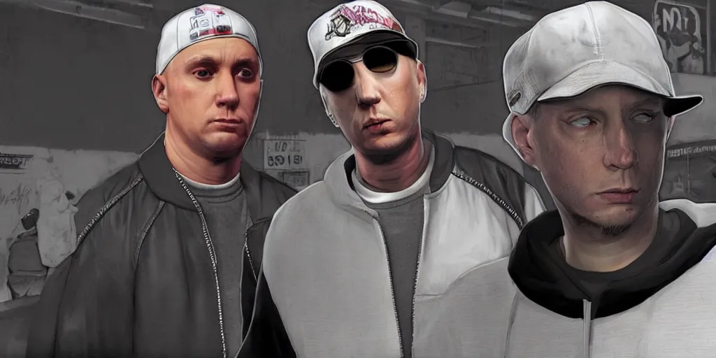 Prompt: eminem in gta v, cover art by stephen bliss, loading screen