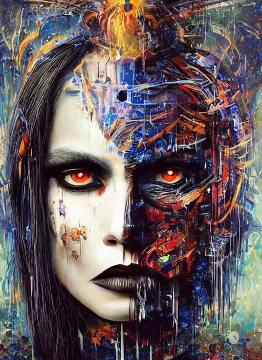 Prompt: incredible magic cult psychic woman, symmetrical painted face, third eye, energetic consciousness psychedelic, epic surrealism expressionism symbolism, story telling, iconic, dark robed, oil painting, layers on layers on layers, dark myth mythos, by Sandra Chevrier , Bruce Pennington, masterpiece